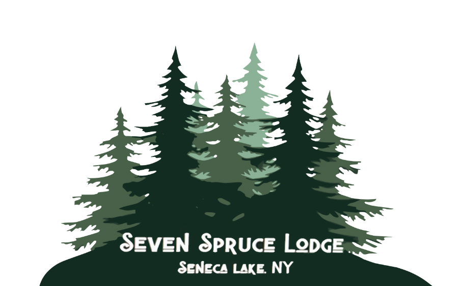 green spruce trees over the words seven spruce lodge