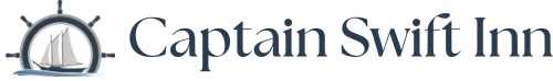Logo for Captain Swift Inn with a ship and steering wheel design.