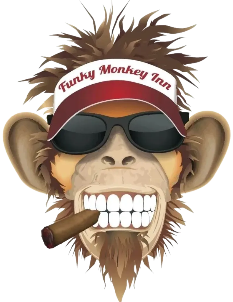 The Funky Monkey Inn logo  illustration of monkey wearing sunglasses and a visor 