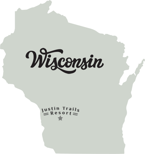 Map of Wisconsin showing the location of Justin Trails Resort